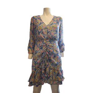 Zara Floral V-Neck Long Sleeve Ruched Mini Dress Women Size Large